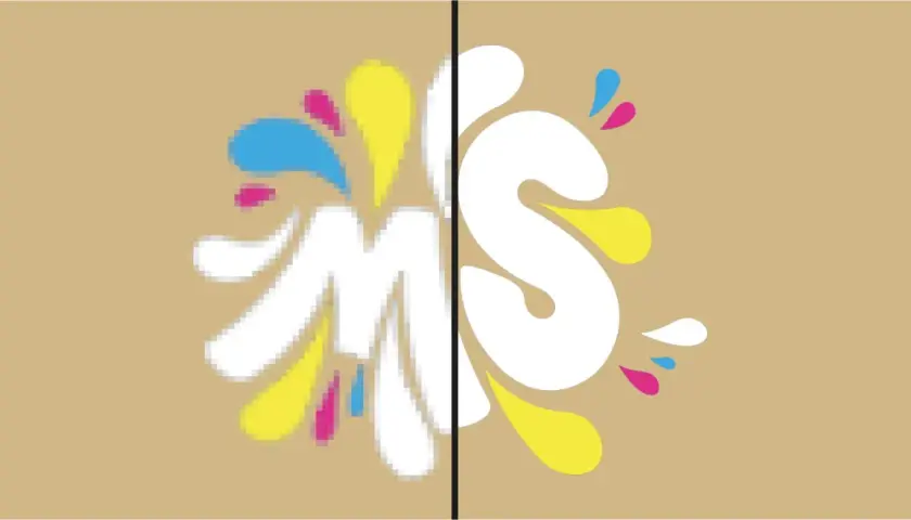 Comparaison d'un fichier d'impression pixelisé et d'un fichier vectoriel net. Le logo blanc avec des éclaboussures colorées est pixélisé à gauche et lisse à droite.
