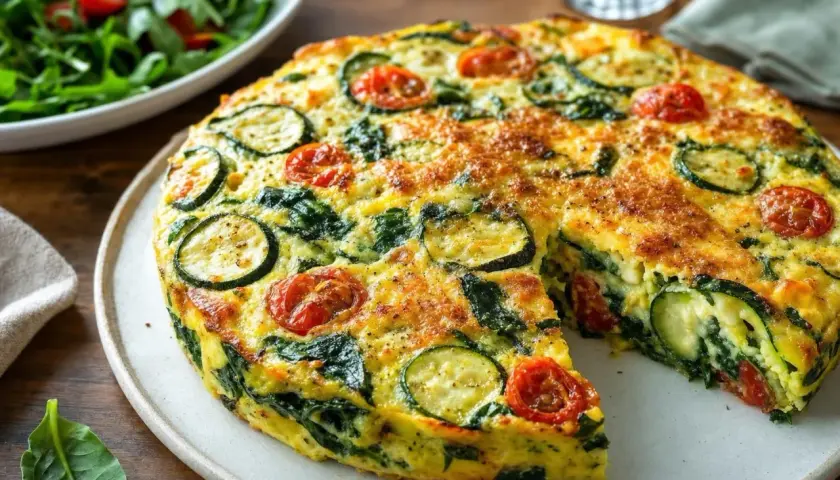 Une délicieuse quiche sans pâte courgette, épinards et tomates cerises, servie avec une salade verte.