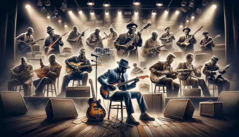 Scena pełna muzyków grających na gitarach, tworzących niesamowitą atmosferę. To z pewnością najlepsi bluesmani świata.