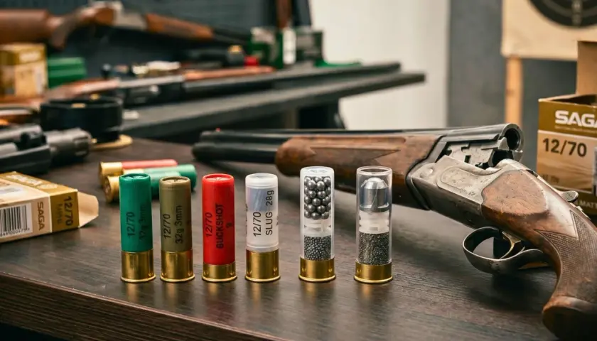 Różne rodzaje amunicji śrutowej: naboje z drobnym śrutem, śrutem typu buckshot i pociskiem typu slug, obok strzelby.
