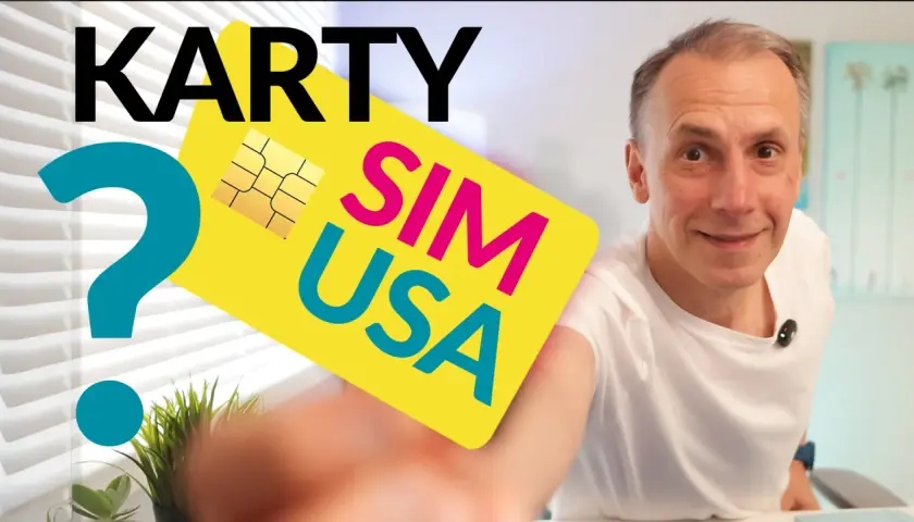 Co to jest karta SIM? Żółta karta SIM USA z napisem "SIM USA" i złotym chipem. Obok duży niebieski znak zapytania.