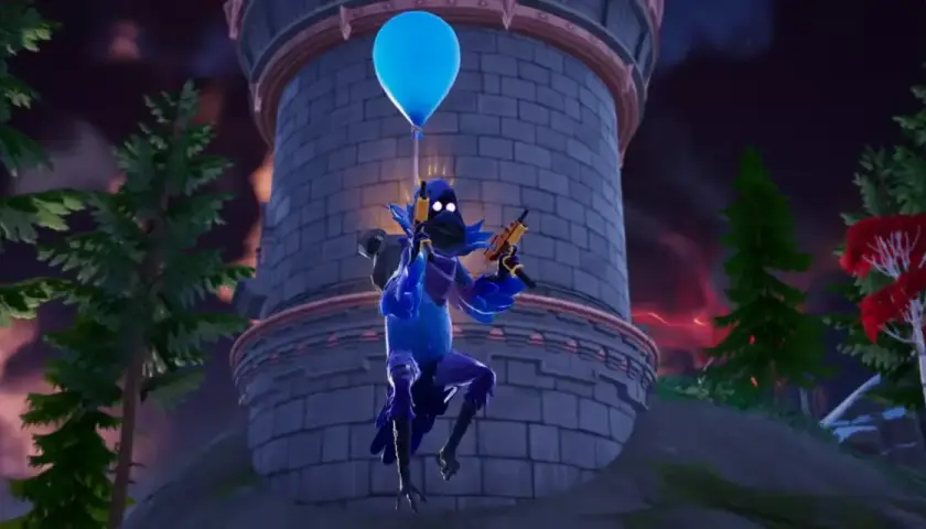 Niebieski ptak z balonem i pistoletami leci na tle wieży. To pewnie urodziny Fortnite!