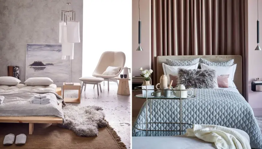Två sovrum i ljusa toner. Till vänster ett minimalistiskt rum med träfärgad säng och konst. Till höger ett mysigt rosa sovrum med sammetsgardiner och en elegant säng.