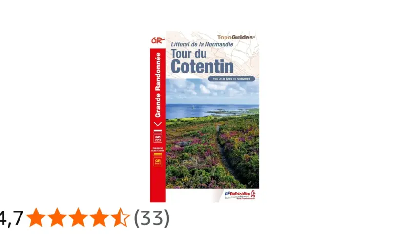 Guide de randonnée "Tour du Cotentin" avec une photo de paysage côtier normand. Plus de 25 jours de marche.