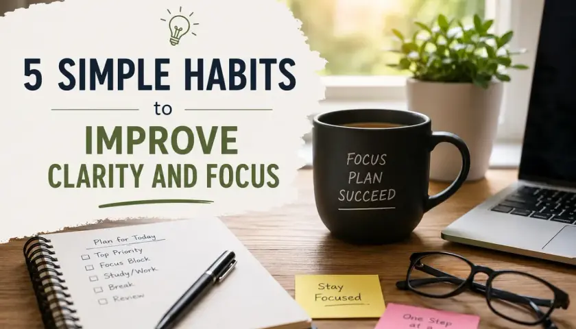 A desk setup for how to organize your mind: a notebook with a to-do list, a pen, a mug saying "Focus Plan Succeed," sticky notes, glasses, and a laptop.