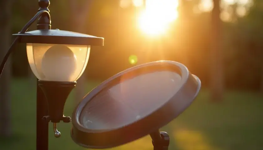 Pierwsze uruchomienie lampy solarnej. Ciepłe światło zachodzącego słońca oświetla panel i klosz.