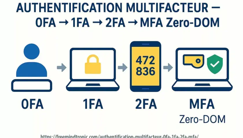 Illustration de l'évolution de l'authentification : OFA, 1FA (verrou), 2FA (téléphone avec code), MFA Zero-DOM (ordinateur avec badge de sécurité). La mfa sécurité renforce la protection.