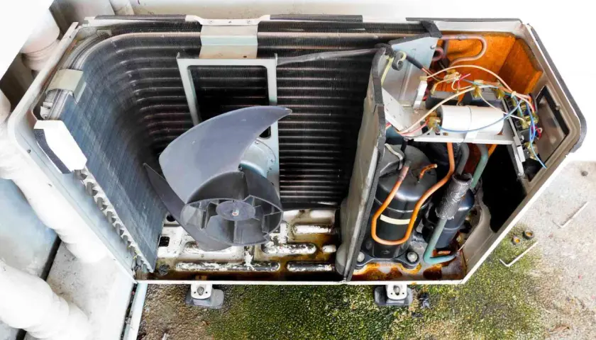 Unidad exterior de aire acondicionado abierta, mostrando el ventilador, el compresor y el cableado.