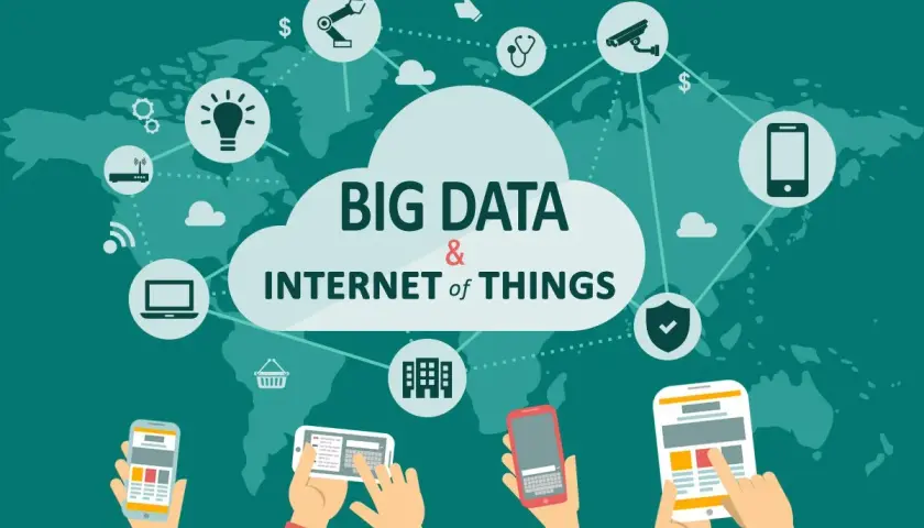 Ilustracja przedstawia chmurę z napisem "BIG DATA & INTERNET of THINGS" otoczoną ikonami symbolizującymi technologię i dane.