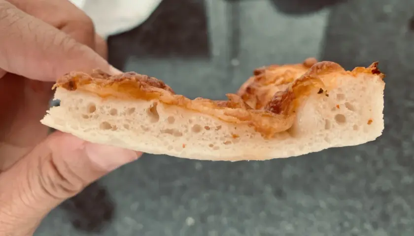 Rebanada de pizza con burbujas perfectas en la masa, dorada y crujiente.