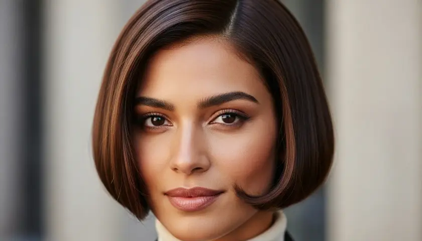 En kvinna med en elegant, mörkbrun bobfrisyr. Hon har en polerad look som kan inspirera frågan: vilken frisyr passar mig?