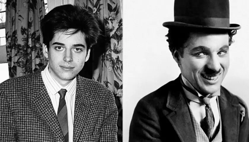 Dwa portrety: młody mężczyzna w tweedowej marynarce i Charlie Chaplin w cylindrze. Podobieństwo sugeruje, że to może być jeden z dzieci Charliego Chaplina.