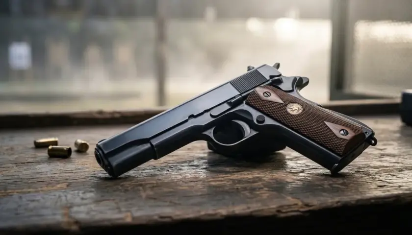 Pistolet z drewnianą okładziną i kilkoma nabojami na drewnianym stole. Spust pistoletu jest widoczny.