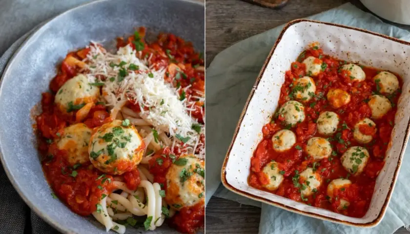 Leckeres polpette rezept: Nudeln mit Hackbällchen in Tomatensauce, garniert mit Parmesan und Petersilie. Daneben eine Auflaufform mit vielen Hackbällchen in Sauce.