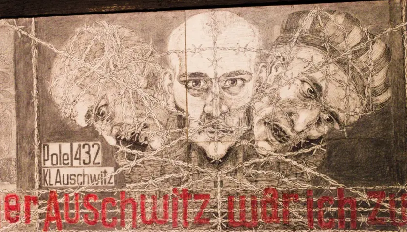 Rysunek trzech twarzy spętanych drutem kolczastym. Napis "KL Auschwitz" i czerwone litery "er Auschwitz war ich". To nie są tylko słowa, to historia.