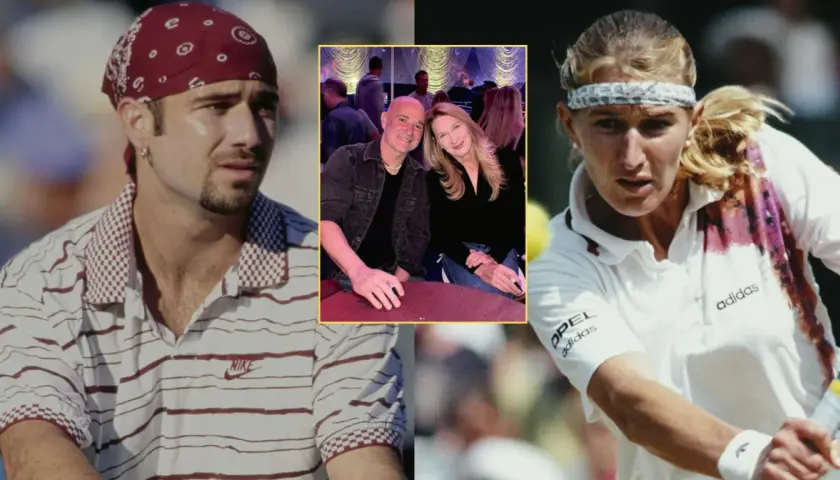 Andre Agassi w bandanie i Steffi Graf w akcji. W środku para, Andre Agassi i Steffi Graf, razem.