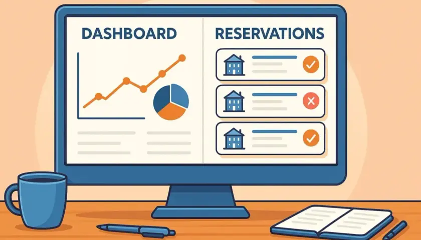 Schermo con dashboard e prenotazioni, ideale per programmi gestione alberghiera. Grafici e icone di case indicano l'efficienza.