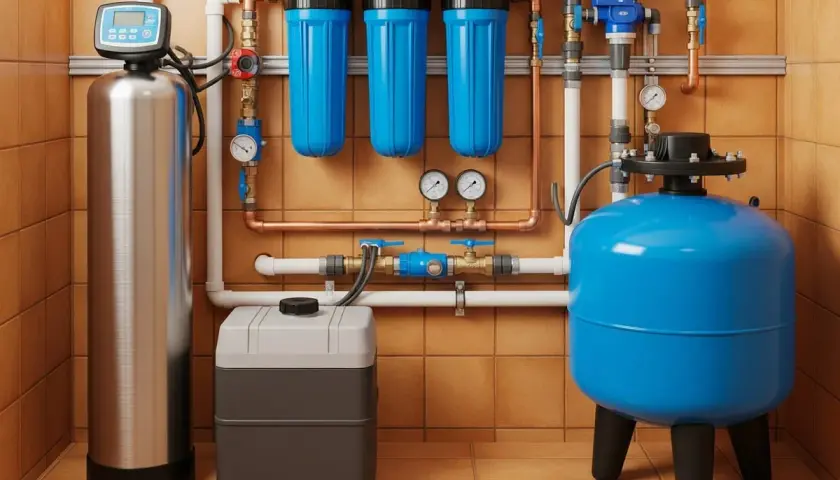 Sistema de maquina de filtro de agua con tanque de acero inoxidable, tres filtros azules y tanque de presión azul.