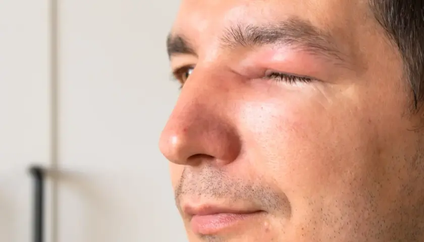 Un homme souffre d'une conjonctivite, son œil est visiblement gonflé et irrité.