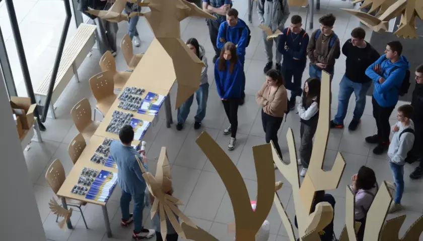 Studenci podczas prezentacji projektów z dziedziny studiów rolniczych, otoczeni kartonowymi instalacjami.