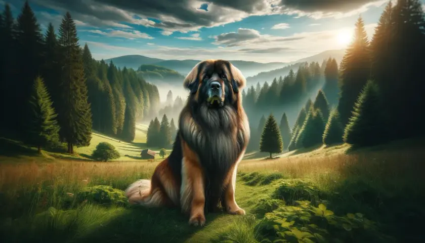 Majestatyczny pies leonberger siedzi na tle górskiego krajobrazu o wschodzie słońca.