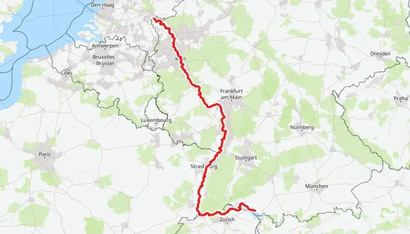 Trasa rowerowa biegnie wzdłuż rzeki Ren, łącząc Holandię, Belgię, Luksemburg, Niemcy i Szwajcarię, mijając m.in. Frankfurt i Stuttgart.