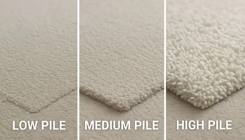 Three carpet textures: low pile, medium pile, and high pile. See the difference in fiber length and density.