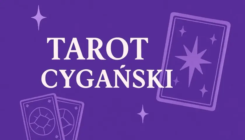 Tarot cygański magia kart. Fioletowe tło z białym napisem i stylizowanymi kartami tarota.