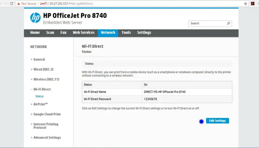 Jak znaleźć hasło do drukarki HP OfficeJet Pro 8740? Na ekranie widoczny jest status Wi-Fi Direct z hasłem 12345678.