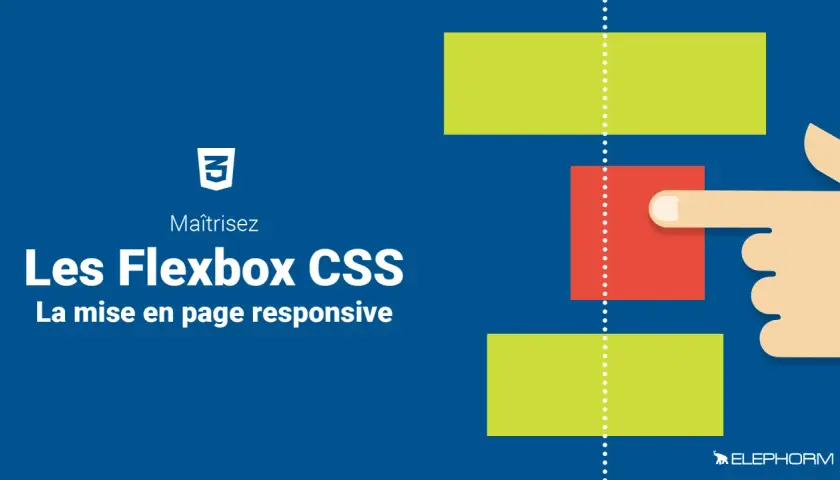 Maîtrisez les Flexbox CSS pour une mise en page responsive. Illustration d'un doigt interagissant avec des blocs colorés, symbolisant le flex html.