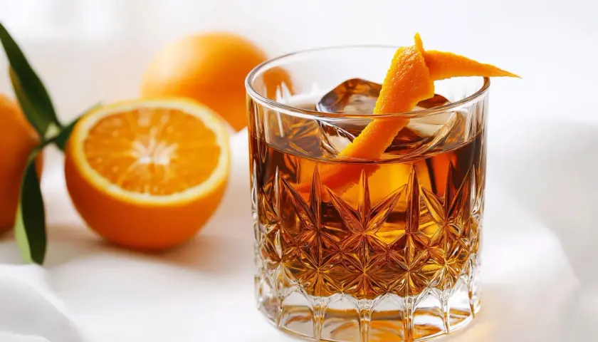 En drink med is och apelsinskal, bredvid apelsiner. Perfekt för ett sockerlag recept.