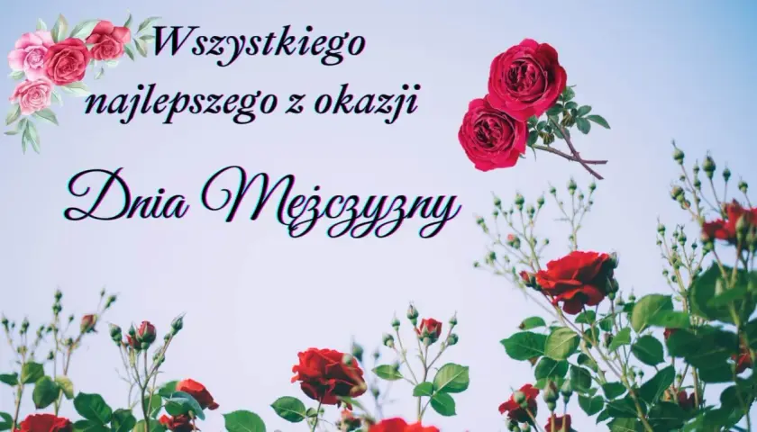 Wszystkiego najlepszego z okazji Dnia Mężczyzny! Bukiet róż na tle błękitnego nieba.