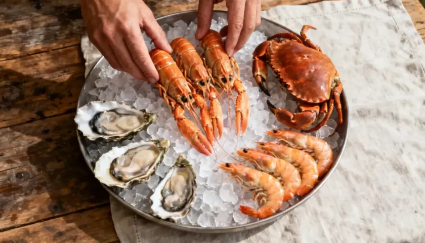 Préparer un plateau de fruits de mer : langoustines, crevettes, huîtres et un crabe sur un lit de glace.