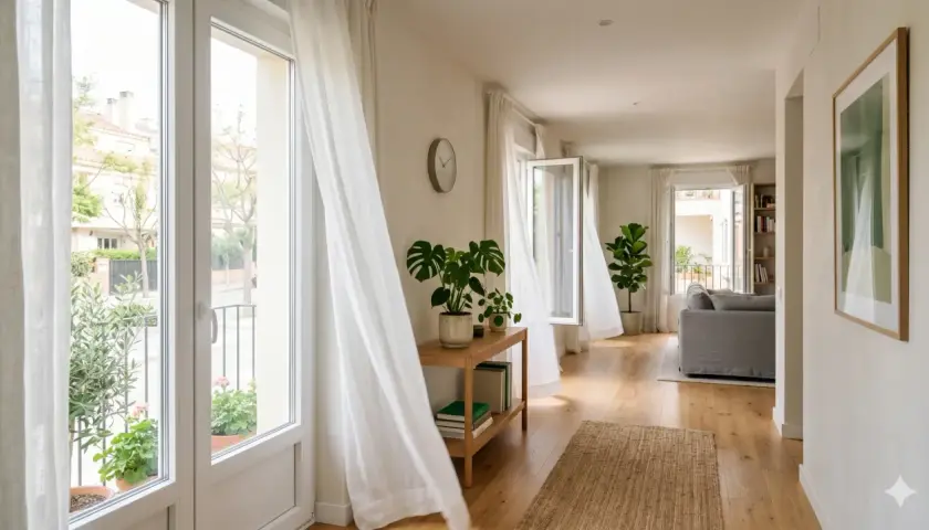 Interior moderno con cortinas blancas ondeando. Ventanas abiertas dejan entrar luz y aire, creando un ambiente fresco.