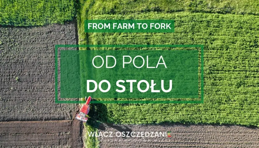 Widok z lotu ptaka na pole uprawne, gdzie czerwony traktor pracuje. Napis "OD POLA DO STOŁU" podkreśla drogę od farm to table.