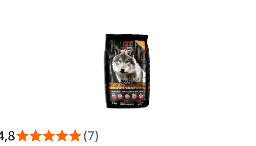 Bolsa de pienso Alpha Spirit Multi-Protein para perros, con imagen de lobo. Ideal para solucionar problemas de alimentación.