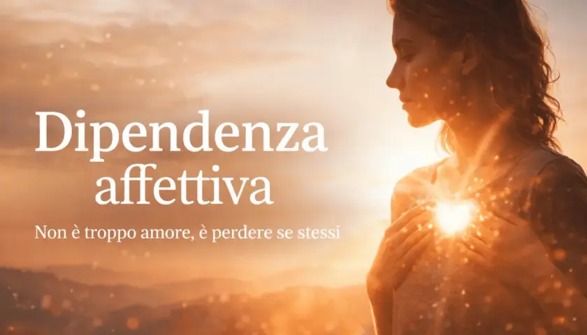 Donna con le mani sul cuore, illuminata da una luce dorata. Testo: "Dipendenza affettiva: non è troppo amore, è perdere se stessi. Come uscirne.