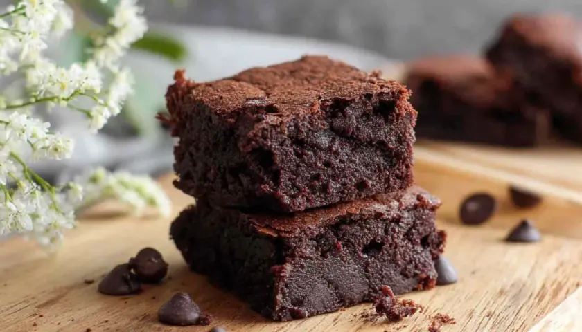 Pyszne, wilgotne brownie z airfryera, posypane kakao, na drewnianej desce z czekoladowymi kroplami i białymi kwiatami.