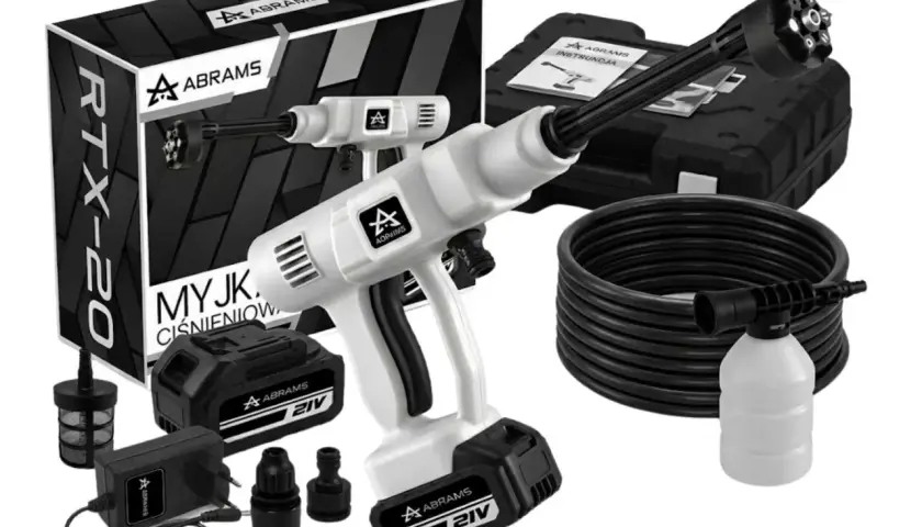 Zestaw myjki ciśnieniowej Abrams RTX-20 z akcesoriami: pistolet, wąż, akumulator, ładowarka, pojemnik na pianę.