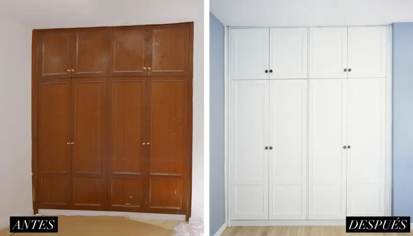 Antes y después de restaurar armario empotrado antiguo. El mueble de madera oscura se transforma en un elegante armario blanco, renovando el espacio.