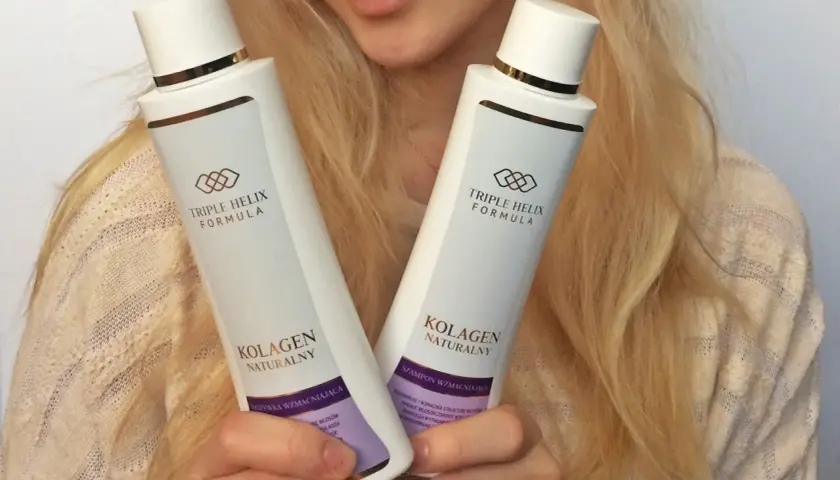 Dwie butelki kosmetyków Souvre z kolagenem naturalnym i formułą Triple Helix.