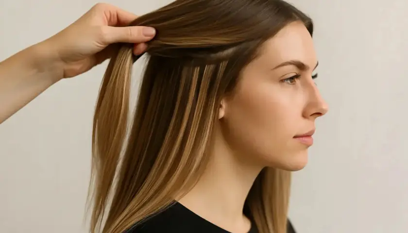 En hand fäster hårförlängningar i en kvinnas hår. De nya, grova stråna blandas med hennes egna för en fylligare look.