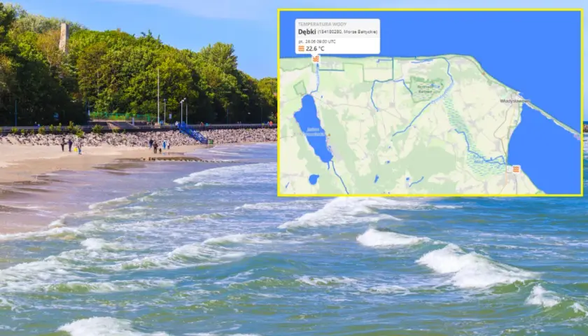 Plaża i morze, gdzie zamarza morze, z mapą pokazującą temperaturę wody 22,6°C.