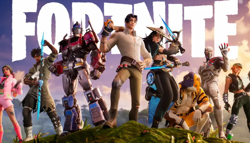 Postacie z Fortnite, w tym Optimus Prime, na tle logo gry. Ciekawe fakty o Fortnite czekają!