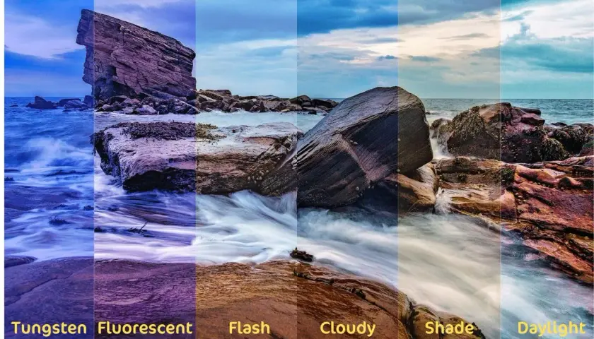 Scogliera e mare con diverse impostazioni di bilanciamento del bianco: Tungsten, Fluorescent, Flash, Cloudy, Shade, Daylight.