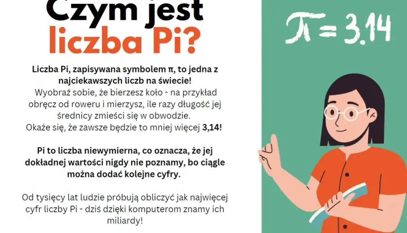 Ilustracja przedstawia kobietę w okularach wskazującą na symbol Pi=3.14 i tekst o liczbie Pi.