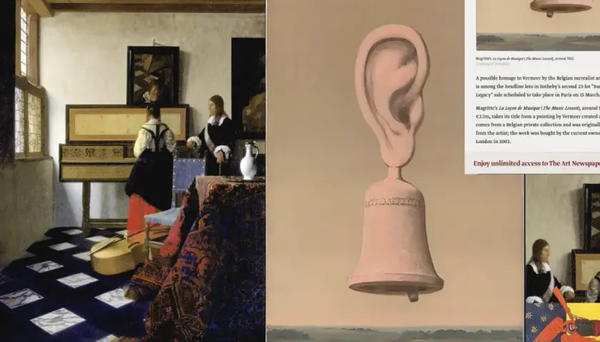 Surrealistyczny uszny dzwon, hołd po polsku dla Vermeera. Obraz z kobietami przy klawesynie.