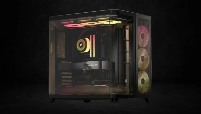 Gaming-PC mit RGB-Beleuchtung, bereit für die neuesten Spiele über die Blizzard App.