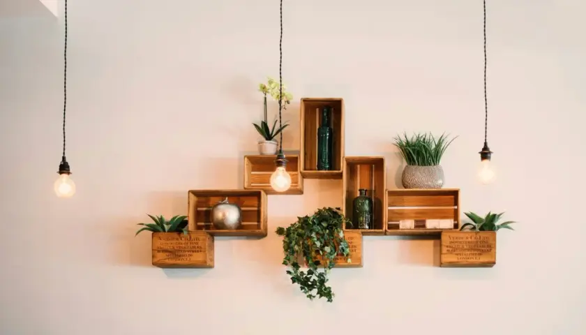 Scaffali in legno a forma di cassa, decorati con piante e oggetti, mostrano come attaccare una mensola al muro con stile.