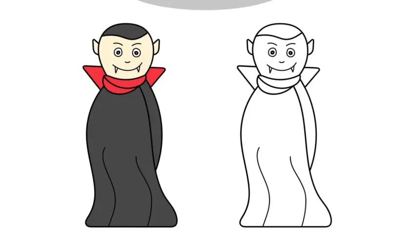 Un simpático vampiro para colorear, con capa y colmillos afilados. ¡Listo para darle vida con tus colores!